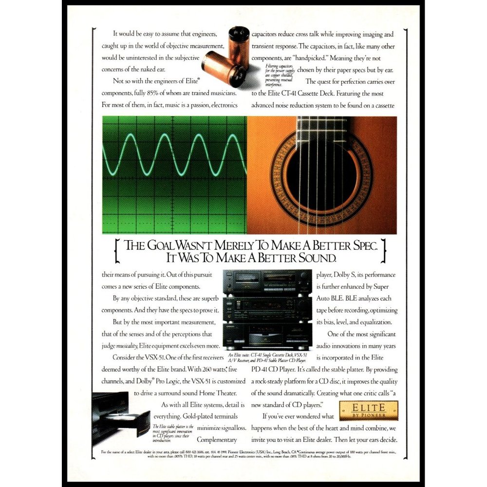 1992 Pioneer Elite Stereo Components Vintage Print Ad Guitar Audiophile Wall Art